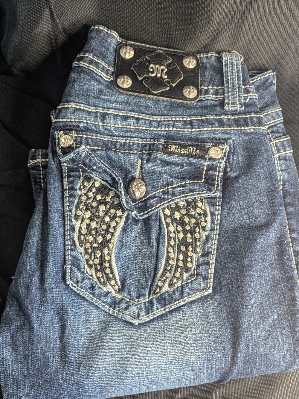 Miss Me Blue Embellished Boot Cut Jeans with Studded Wing Pockets